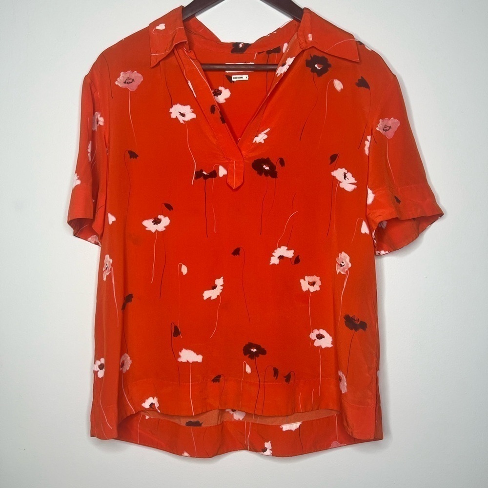 Jason Wu Tossed Blossoms Red Collared Silk Shirt